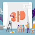 Illustration of providers working on/around kidneys enlarged on a screen